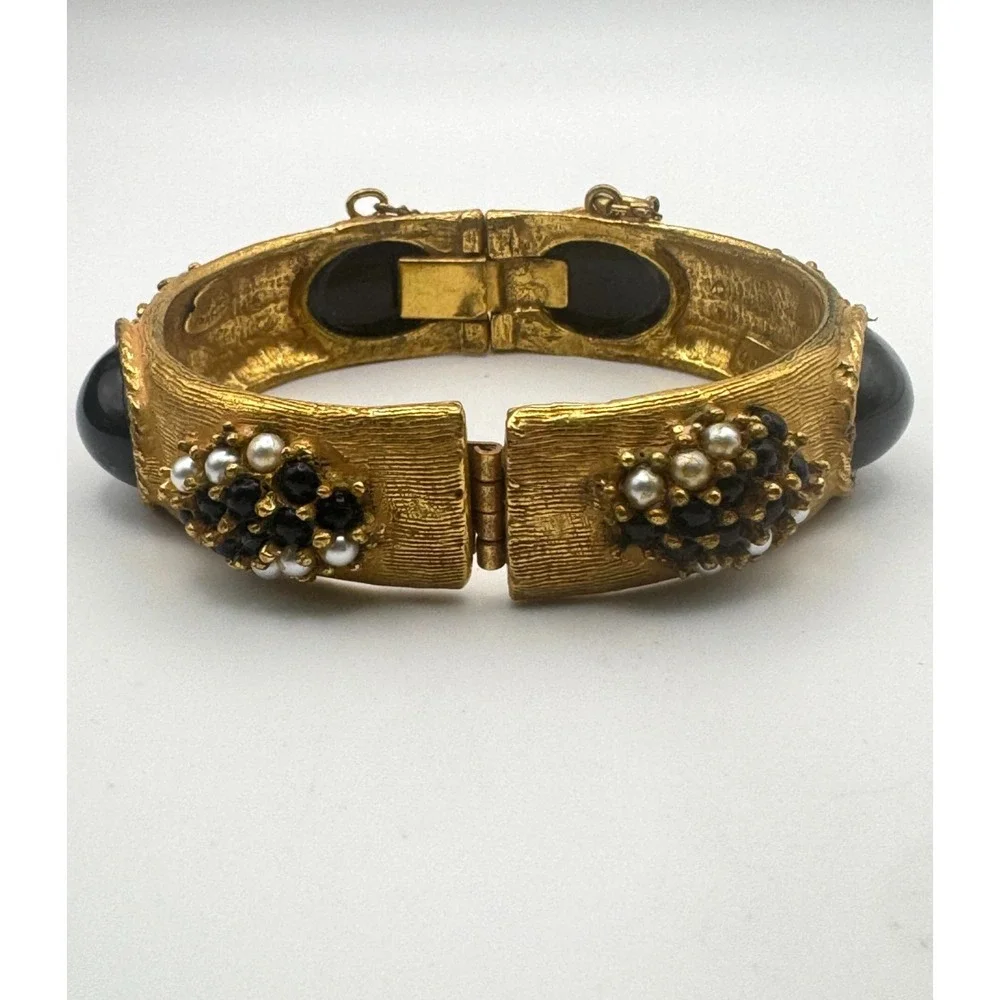 Vintage Original by Robert Bracelet Gold Tone Black Cabochon Clamper Cuff